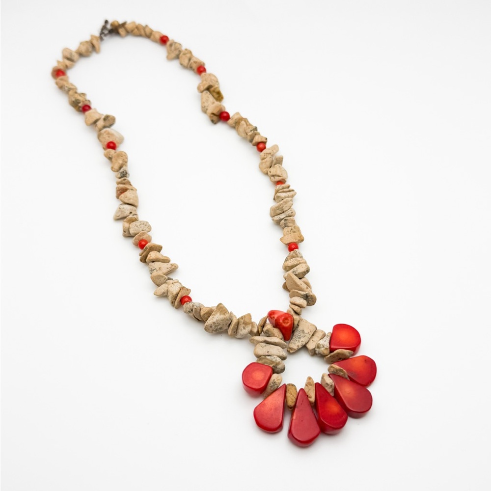 Natural Red Coral and Tan Stone Necklace